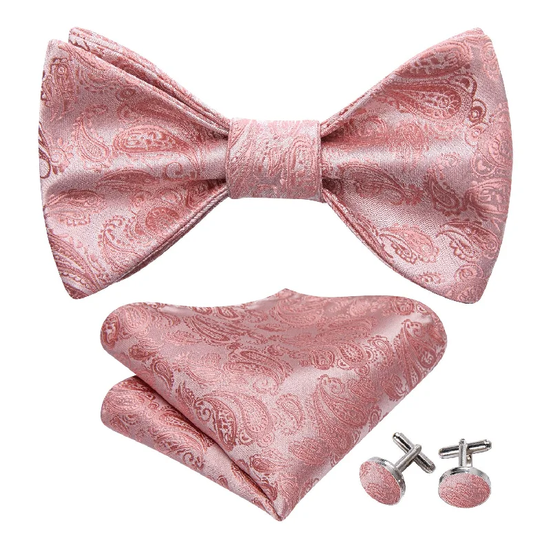 Best men's tie for casual work meetings-Pink Silver Paisley Silk Bow Tie Hanky Cufflinks Set