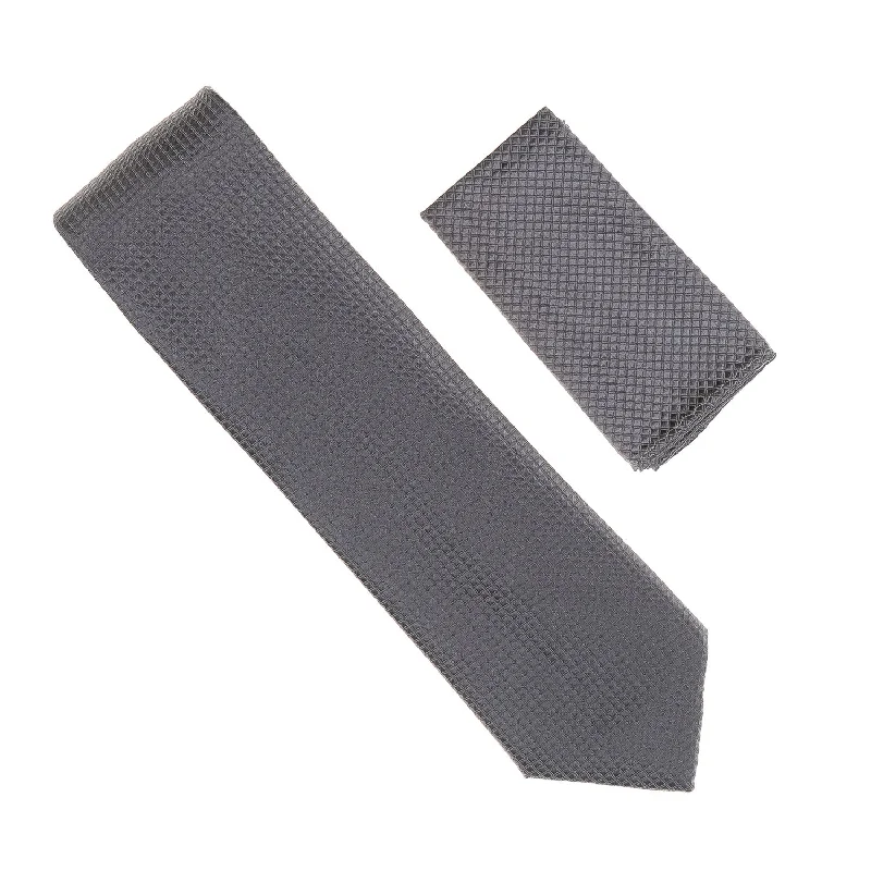 Elegant men's tie with embroidered details-Grey Micro-Grid Extra Long Necktie With Matching Pocket Square