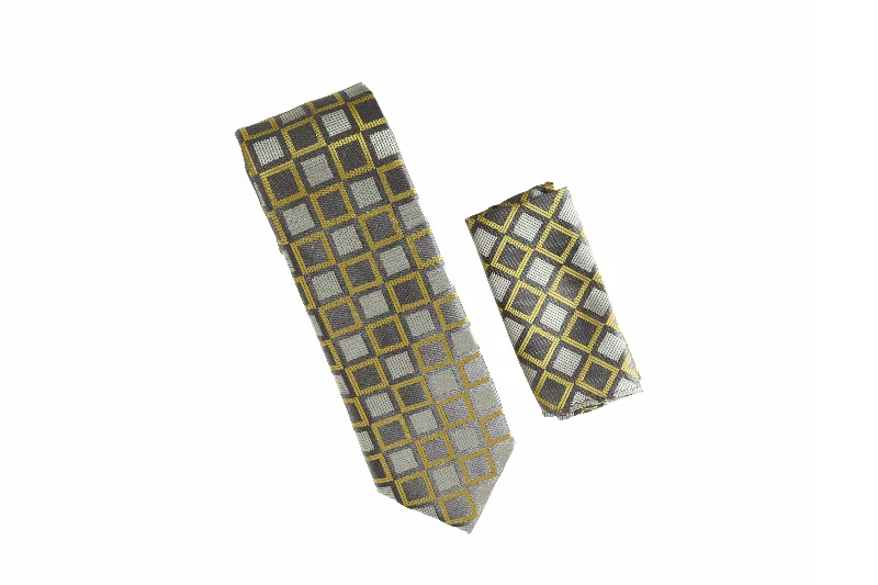 Men's tie with elegant plaid design for business meetings-Metallic Sage, Light Sage and Bright Yellow Square Designed Tie with Matching Pocket Square