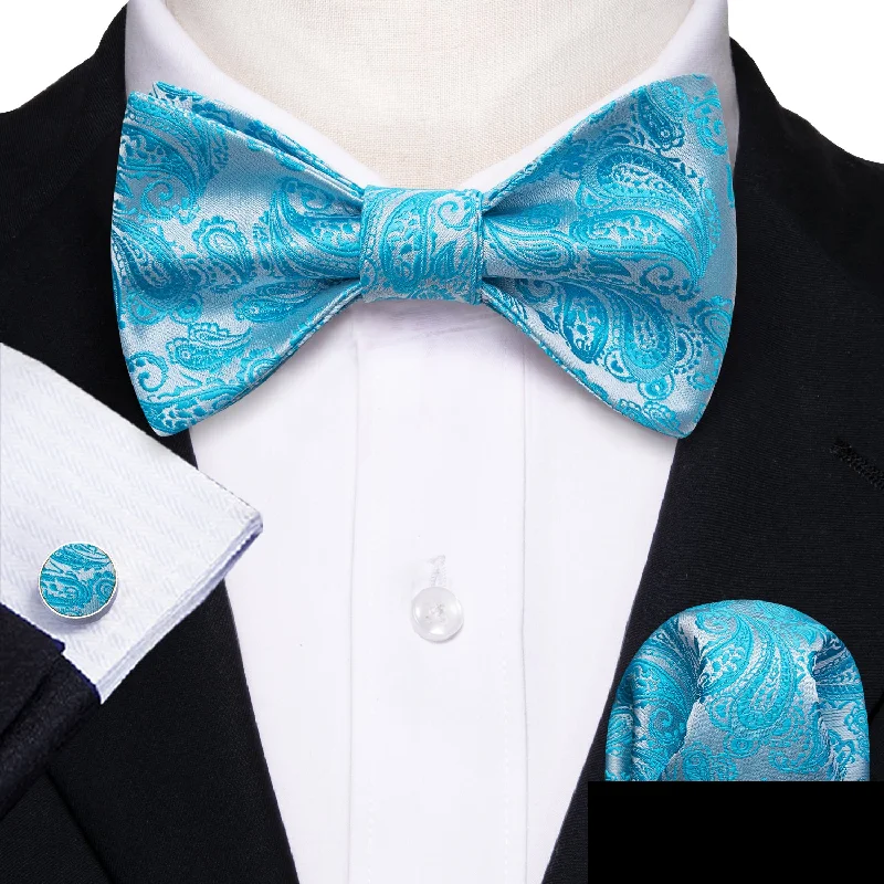 Classic men's tie for business attire-Barry Wang Mens Blue Silver Paisley Silk Bow Tie Hanky Cufflinks Set