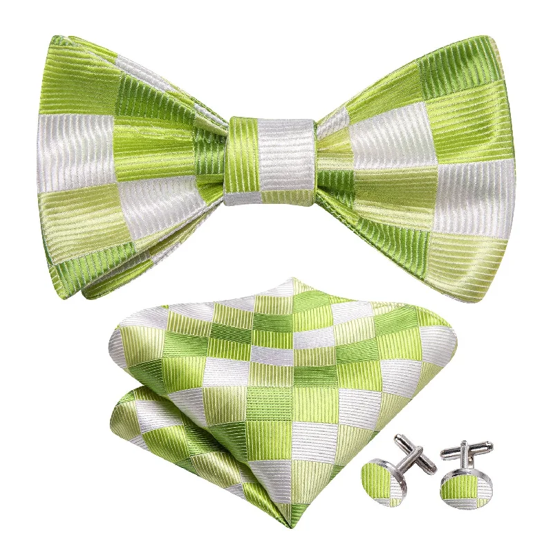 Designer tie with geometric shapes for work-Green White Plaid Silk Bow Tie Hanky Cufflinks Set