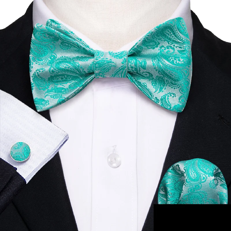 Men's silk tie with modern chevron print-Barry Wang Aqua Silver Paisley Silk Men's Bow Tie Hanky Cufflinks Set