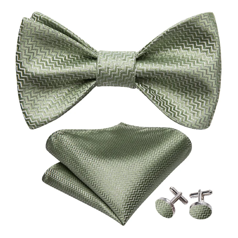 Men's tie for holiday celebrations with rich color palette-Green Striped Silk Bow Tie Hanky Cufflinks Set