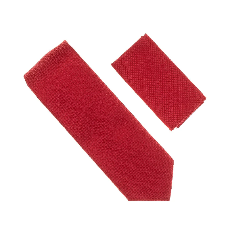 Men's tie with a luxurious shine for evening affairs-Red Solid Micro-Grid Extra Long Necktie With Matching Pocket Square