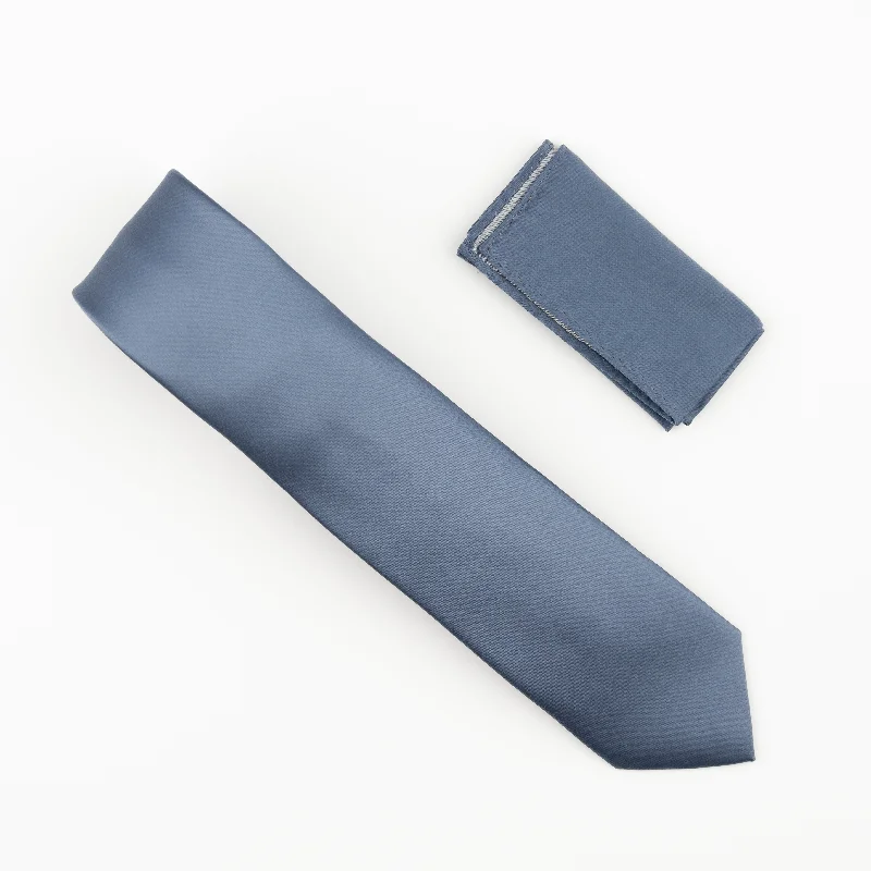 Men's tie with a modern geometric design-Slate Blue Satin Finish Silk Necktie with Matching Pocket Square