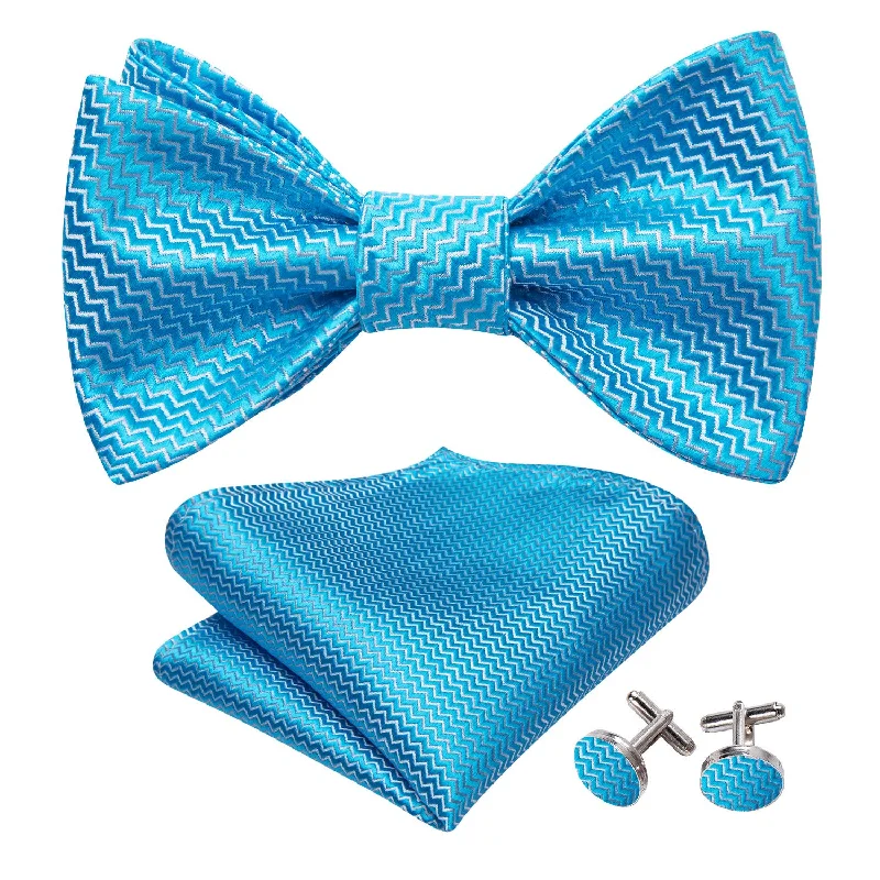 Designer men's tie with textured finish-Sky Blue Striped Silk Bow Tie Hanky Cufflinks Set