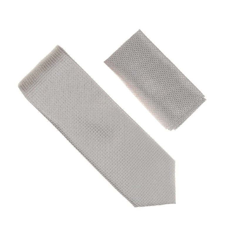 Classic men's tie for a professional business dinner-Silver Micro-Grid Extra Long Necktie With Matching Pocket Square