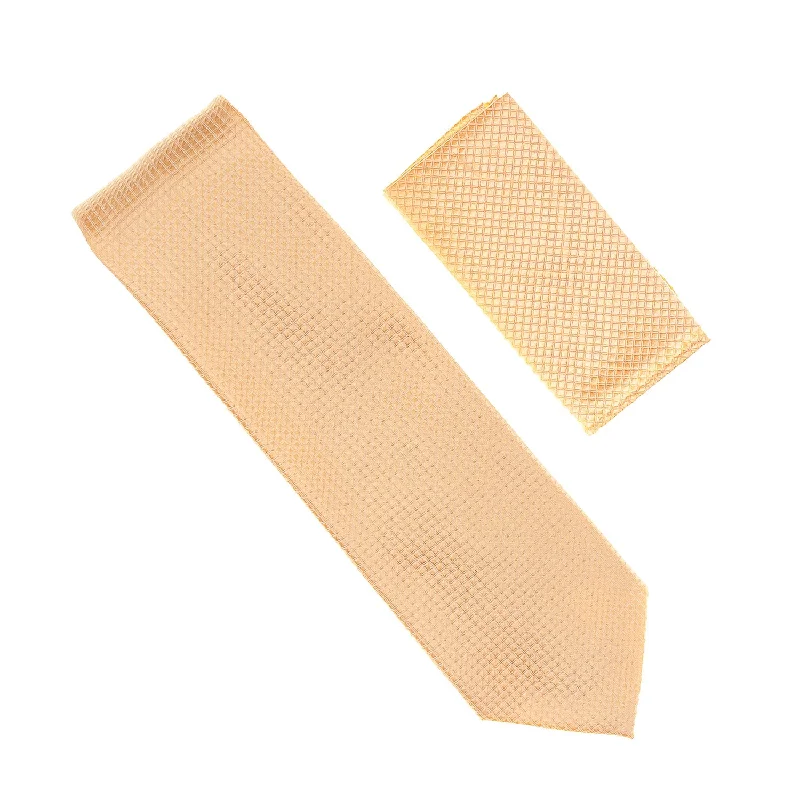 Men's tie with unique patterns for fashion-forward looks-Peach Solid Micro-Grid Extra Long Tie with Matching Pocket Square