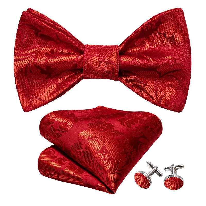 Men's tie with modern prints for a unique look-Red Floral Silk Bow Tie Hanky Cufflinks Set