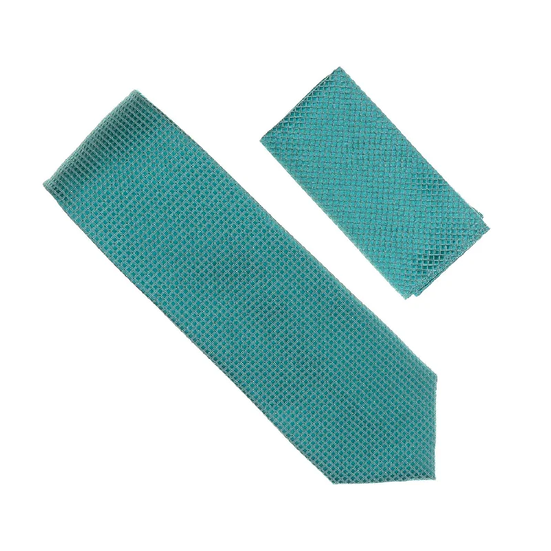 Best men's tie for wedding receptions-Teal Micro-Grid Extra Long Necktie With Matching Pocket Square