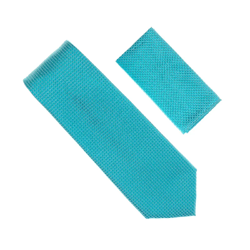 Men's tie with rich textures for holiday wear-Turquoise Solid Micro Grid Extra Long Necktie with Matching Pocket Square