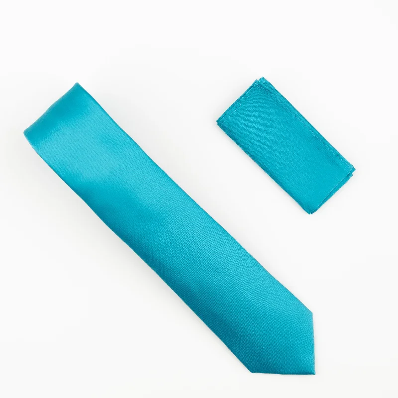 Designer tie for professional men-Turquoise Satin Finish Extra Long Necktie with Matching Pocket Square