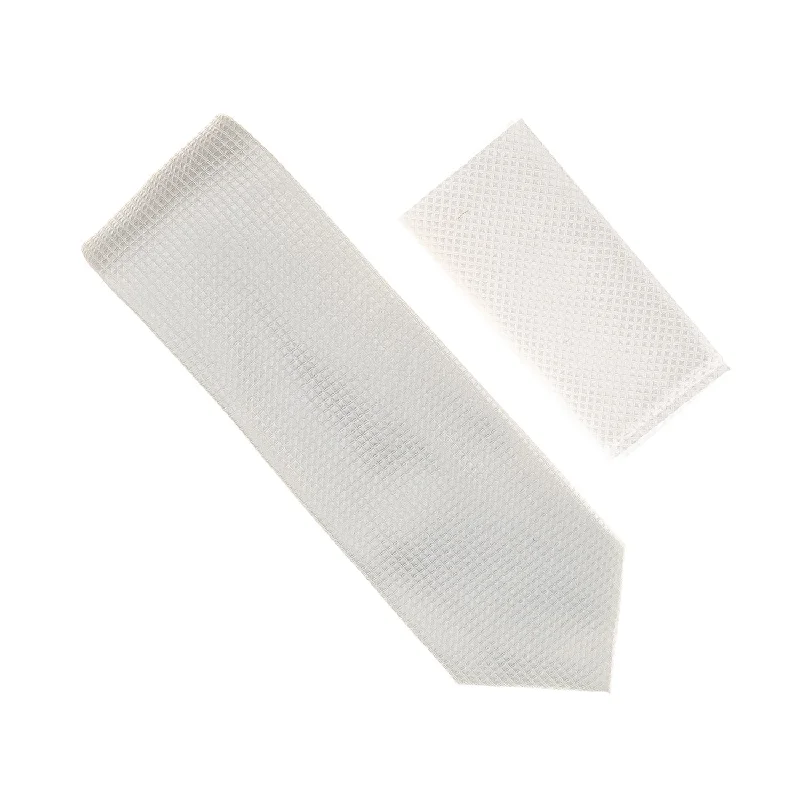 Men's tie for smart-casual office wear-White Micro-Grid Extra Long Necktie with Matching Pocket Square