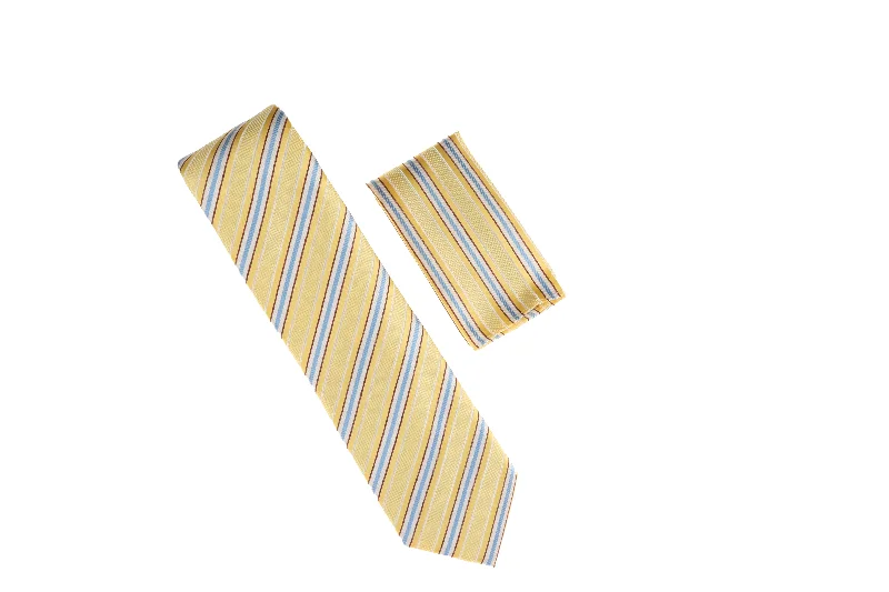 Men's tie with modern stripes for interviews-Yellow, Burgundy & Silver Stripped Designed Tie with Matching Pocket Square