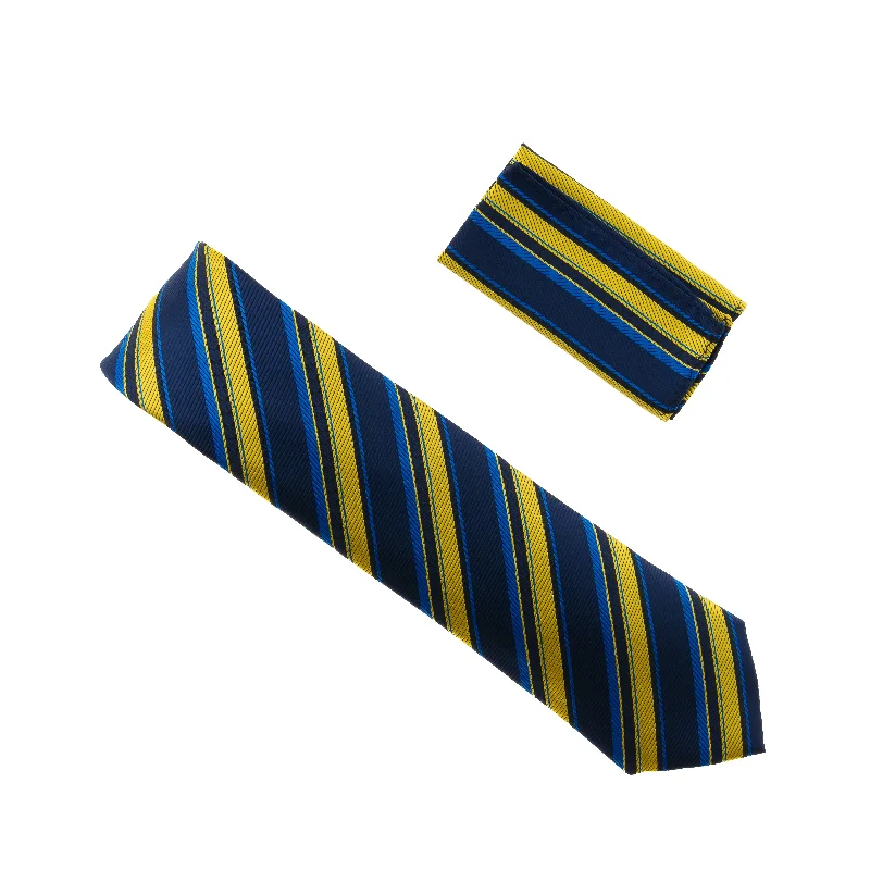 Men's tie with contemporary color blocking-Navy, Gold & Blue Striped Designed Extra Long Necktie Tie with Matching Pocket Square