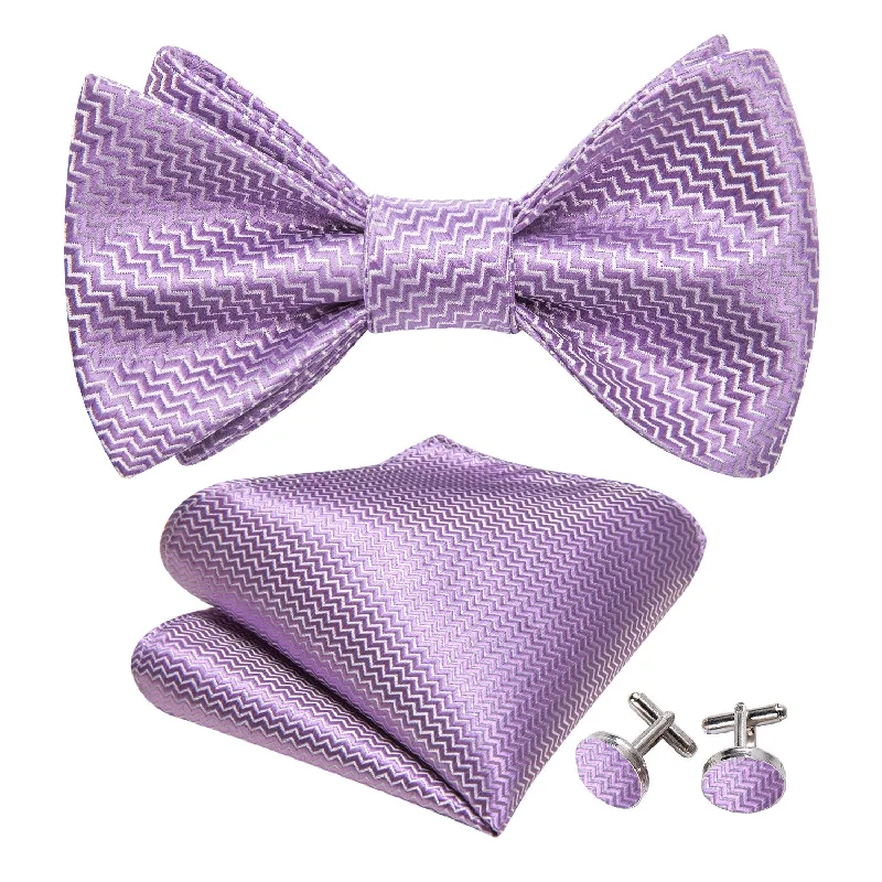 Stylish tie for office professionals with bold accents-Purple White Striped Silk Bow Tie Hanky Cufflinks Set