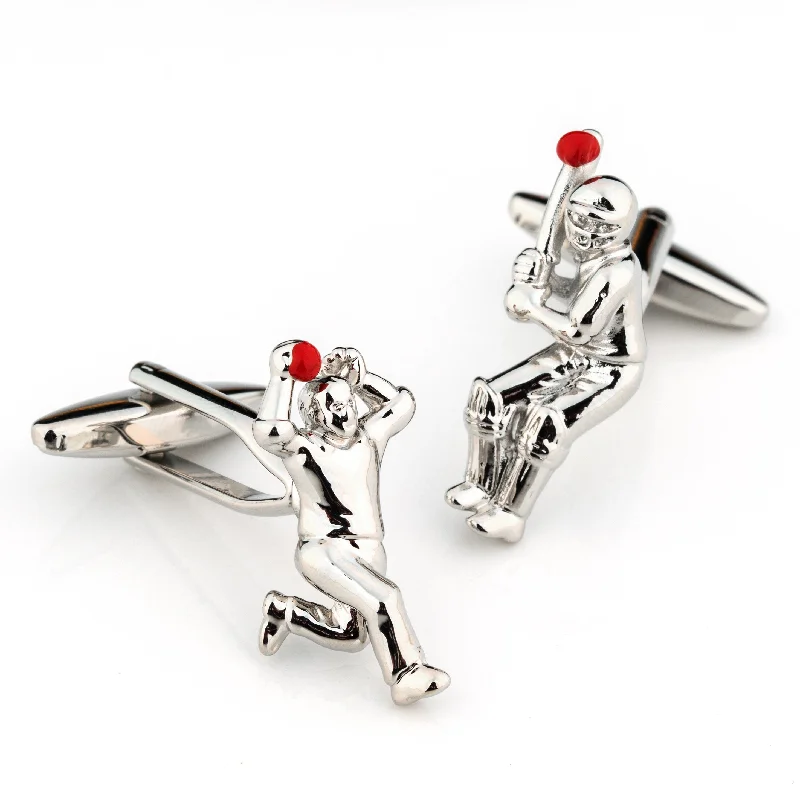 Best men's tie for casual business meetings-Cricket Bowler and Batter Silver Cufflinks