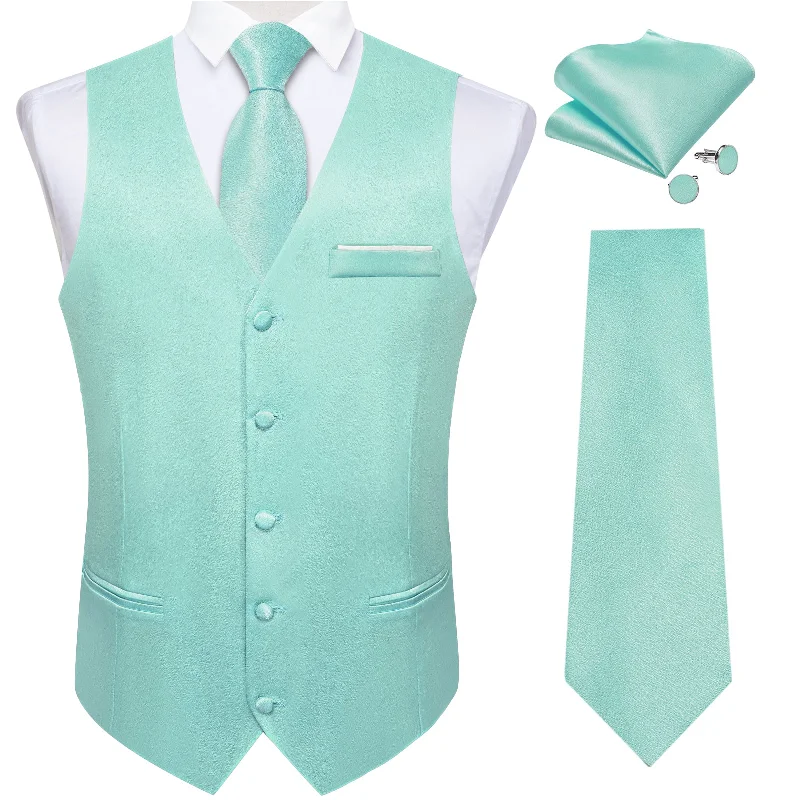 Elegant men's tie for a sophisticated wedding-Cyan-Blue Solid Satin Waistcoat Vest Tie Handkerchief Cufflinks Set