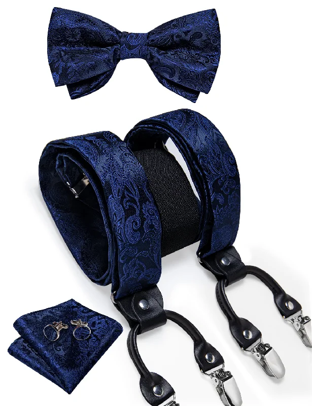 Men's tie with intricate jacquard design-Dark Blue Floral Brace Clip-on Men's Suspender with Bow Tie Set