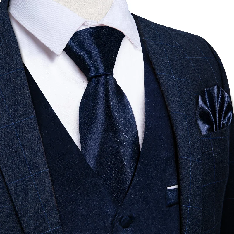 Men's tie with subtle texture for professional wear-Dark Blue Solid Satin Waistcoat Vest Tie Handkerchief Cufflinks Set