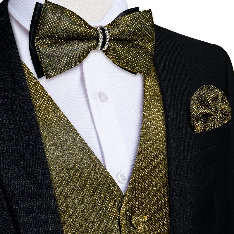 Best tie for men's professional look-Dark Golden Solid Waistcoat Vest Bowtie Handkerchief Cufflinks Set