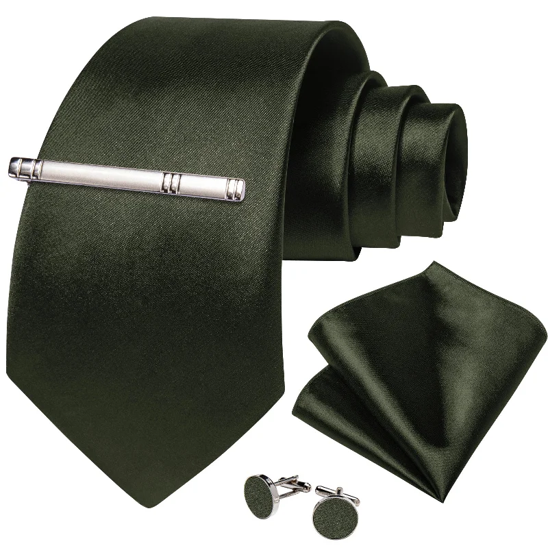 Best men's silk tie for job interviews-Dark Green Solid Men's Tie Handkerchief Cufflinks Clip Set