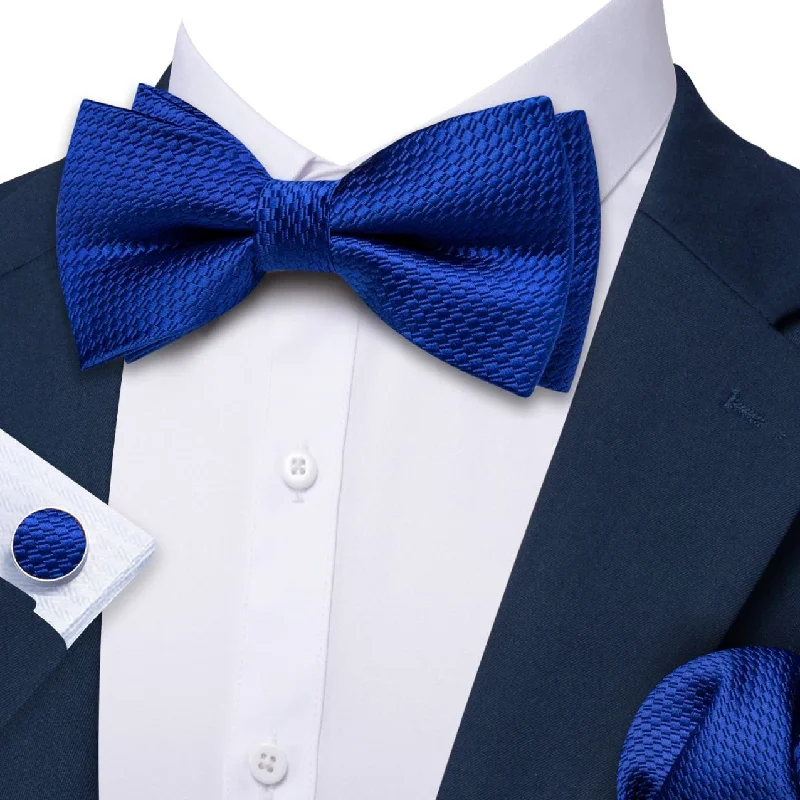 Classic men's tie with solid dark tones-Deep Blue Pre-Tied Bow Tie Barry Wang Wedding Tie Hanky Cufflinks Set