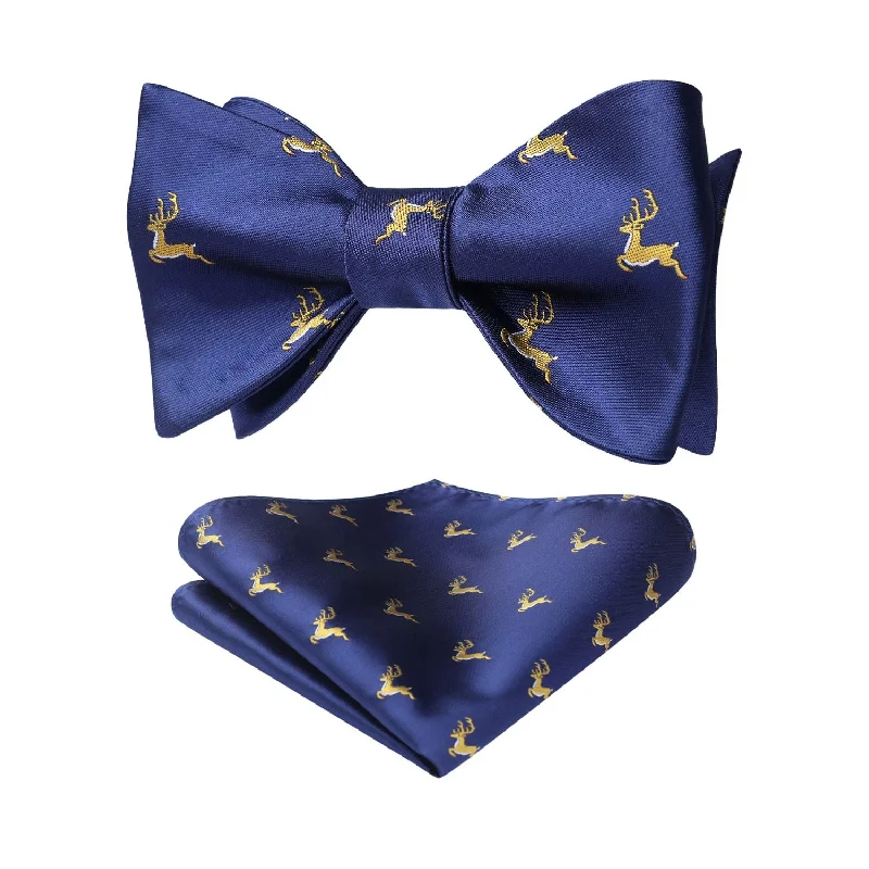 Men's tie with luxurious satin sheen-Deer Bow Tie & Pocket Square - NAVY BLUE