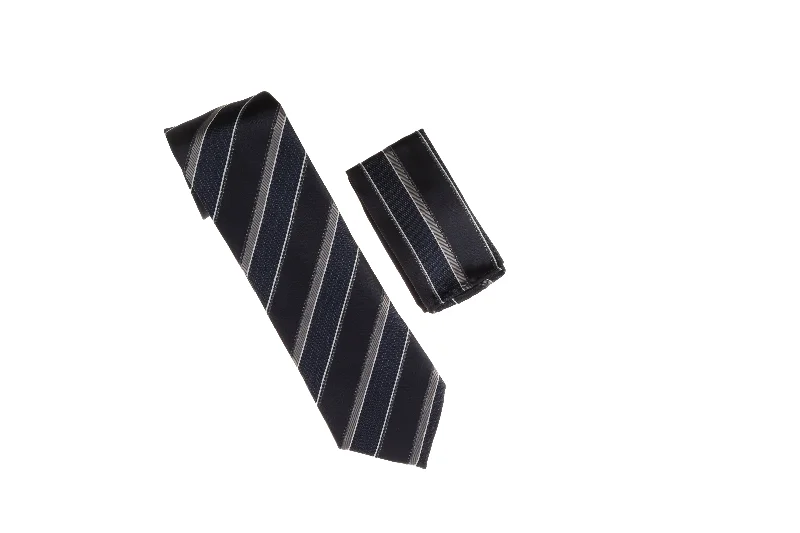 Men's tie with fine finish for upscale functions-Navy, Gray, and Blue Stripes Designed Necktie Tie with Matching Pocket Square WTH-A105