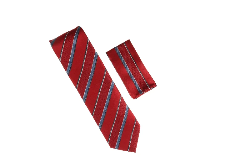 Best necktie for a formal office gathering-Red, Gray, Blue and Navy Stripes Designed Necktie with Matching Pocket Square WTH-A106