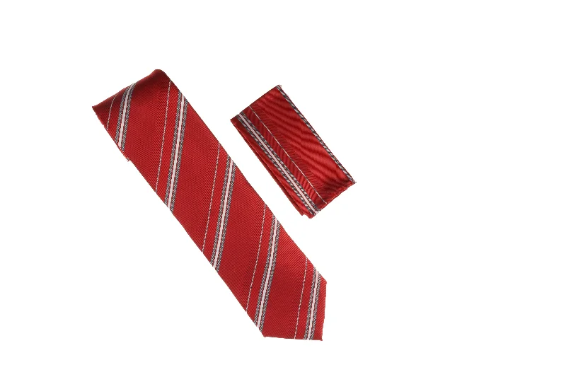 Men's tie for an elegant birthday celebration-Red, Silver and Gray Stripes Designed Necktie Tie with Matching Pocket Square WTH-A108