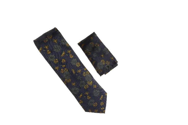 Men's tie with a luxurious velvet texture for special events-Navy, Dark Yellow, and Army Green Flower Designed Necktie with Matching Pocket Square WTH-A113