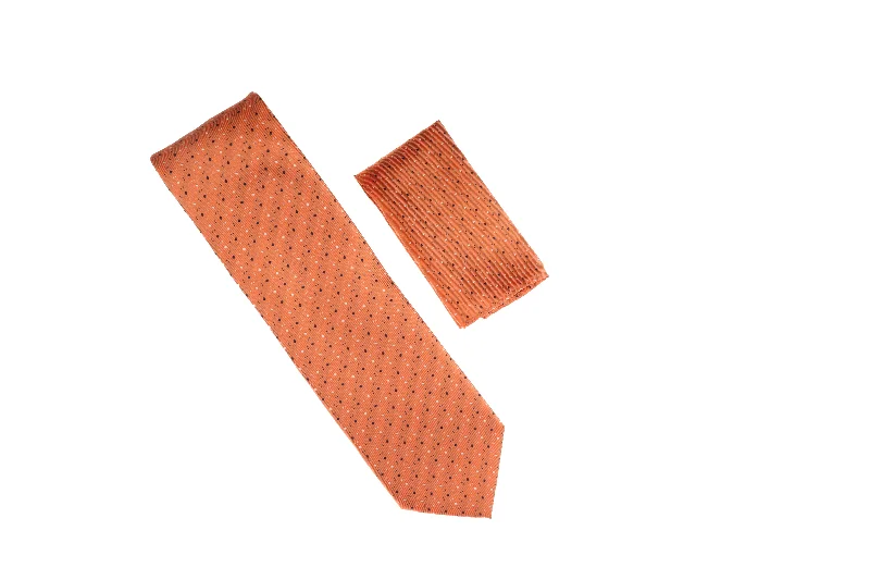 Stylish men's tie with floral accents-Orange with Silver, and Navy Mini Square Designed Necktie with Matching Pocket Square WTH-A129