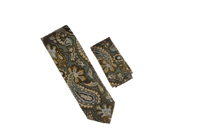 Men's tie with modern textures for work-Reseda Green, Dark Green, Silver, and Gold Paisley Designed Necktie with Matching Pocket Square WTH-A144