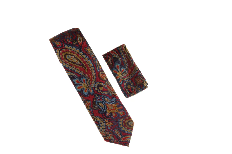 Men's silk tie with modern chevron print-Red, Dark Gold, Navy, and Light Blue Paisley Designed Necktie with Matching Pocket Square WTH-A147