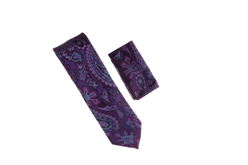 Unique men's tie for anniversary parties-Purple, Magenta, Black and Blue-Gray Navy Paisley Designed Necktie with Matching Pocket Square WTH-A148