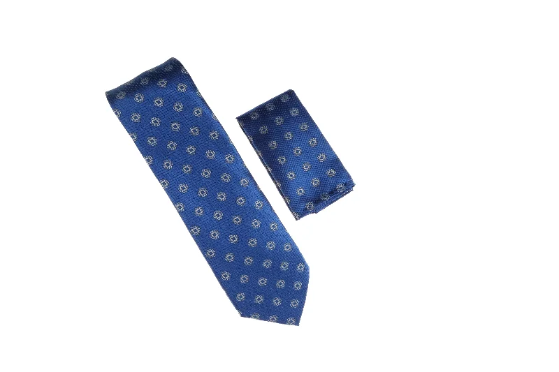 Men's tie with subtle stripes for formal wear-Royal Blue and Grey Flower Designed Necktie with Matching Pocket Square WTH-A151