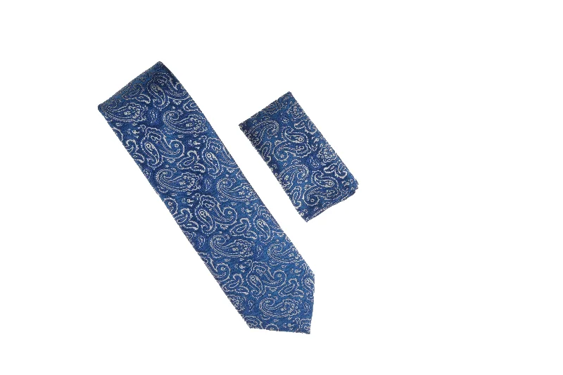 Classic men's tie with a bright pop of color-Royal Blue with Grey Paisley Designed Necktie with Matching Pocket Square WTH-A154