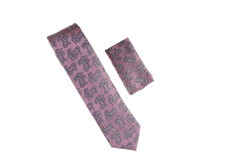 Best men's tie for summer events-Pink with Grey, and Navy Paisley Designed Necktie with Matching Pocket Square WTH-A160