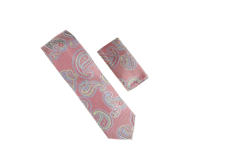 Men's tie for a formal holiday gathering-Pink with Light Blue and Green Paisley Designed Necktie with Matching Pocket Square WTH-A175