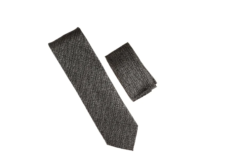 Men's tie for weddings with rich patterns-Silver and Black Designed Necktie with Matching Pocket Square WTH-A176