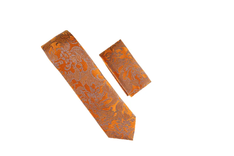 Men's silk tie with bold stripes-Orange and Silver Designed Necktie with Matching Pocket Square WTH-A186