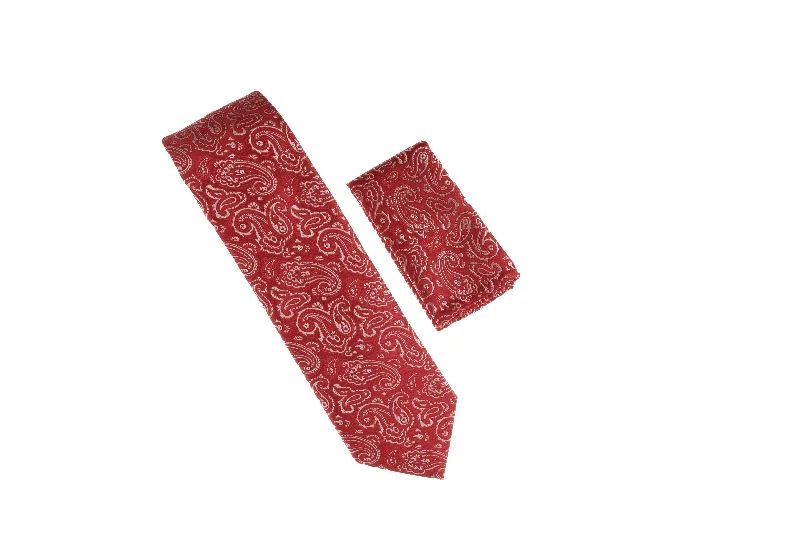 Best tie for men with geometric prints-Red and Silver Paisley Designed Necktie with Matching Pocket Square WTH-A188