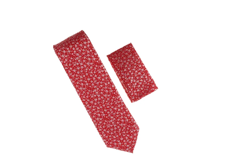 Luxury men's tie with a solid finish-Red and Silver Mini Flower Designed Necktie with Matching Pocket Square WTH-A189