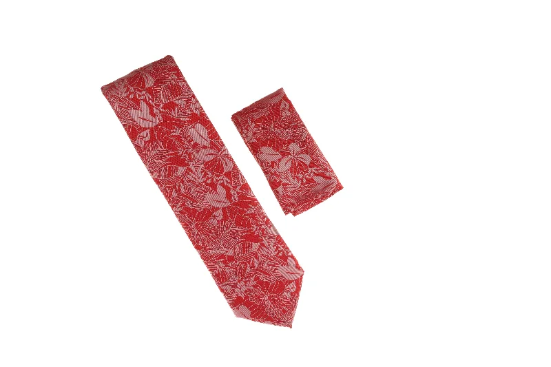 Men's tie for professional business attire-Red and Large Silver Flower Designed Necktie with Matching Pocket Square WTH-A190