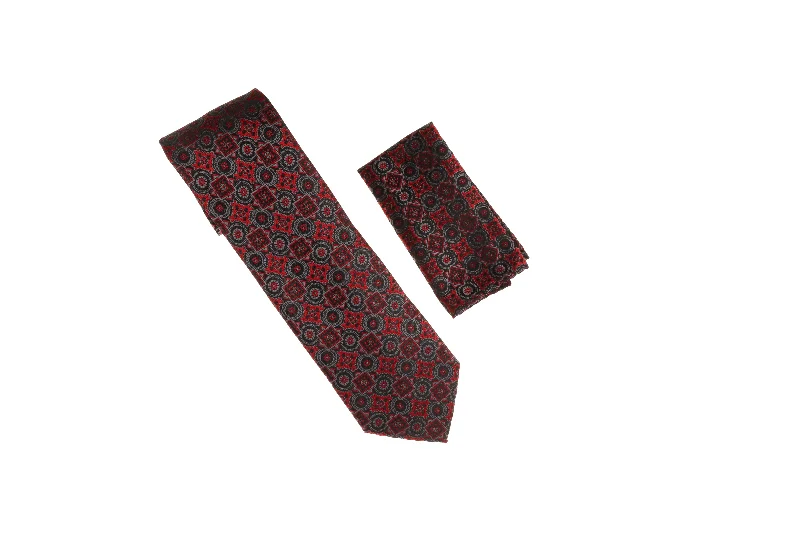 Best tie for weddings with bold patterns-Red, Grey and Black Designed Necktie with Matching Pocket Square WTH-A191