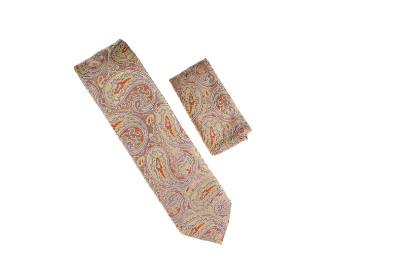 Men's tie with modern patterns for high-end events-Tan, Orange & Lavender Paisley Necktie with Matching Pocket Square WTH-A198