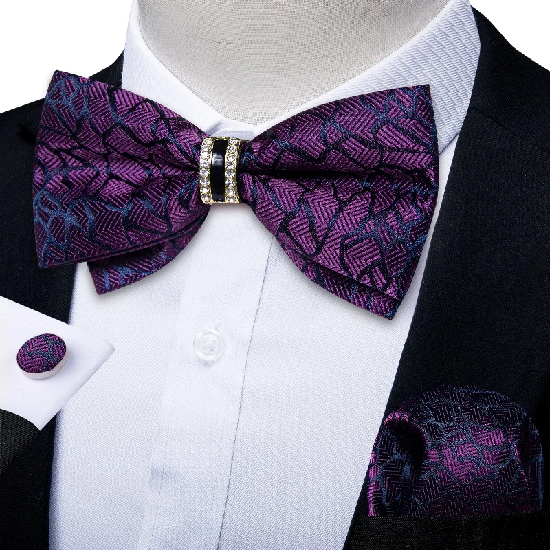 Best men's tie for evening gatherings-DiBanGu Mens Bow Tie Purple Novelty Diamond Plastic Ring Men's Pre-Bowtie Pocket Square Cufflinks Set