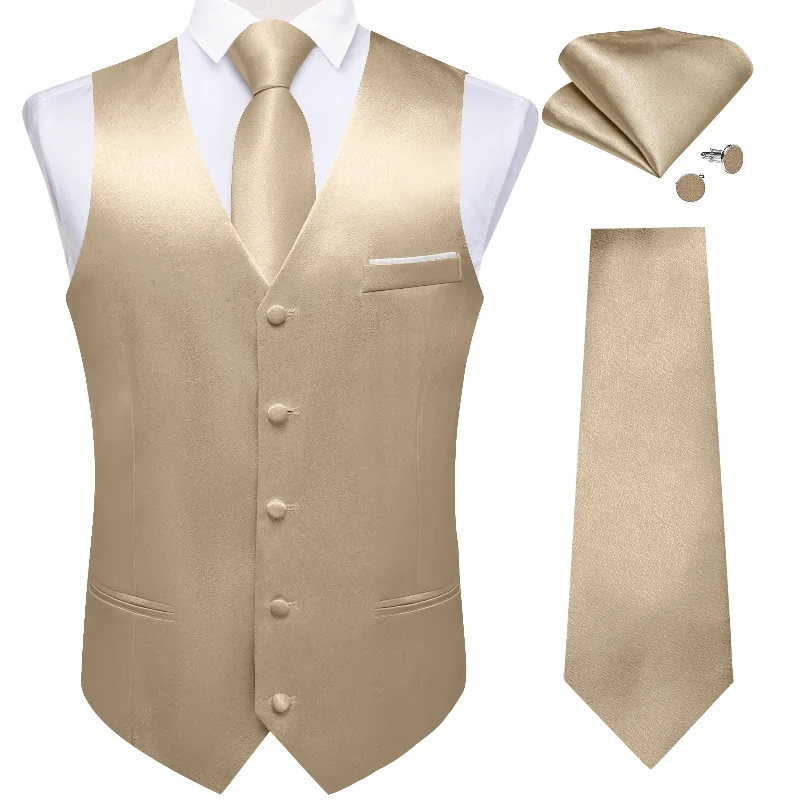 Affordable men's tie with bold colors-DiBanGu Mens Suit Vest Champagne Solid Satin Waistcoat Vest Tie Handkerchief Cufflinks Set