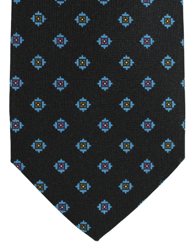 Men's silk tie for Christmas dinner-E. Marinella Tie Black Blue Micro Medallions Design